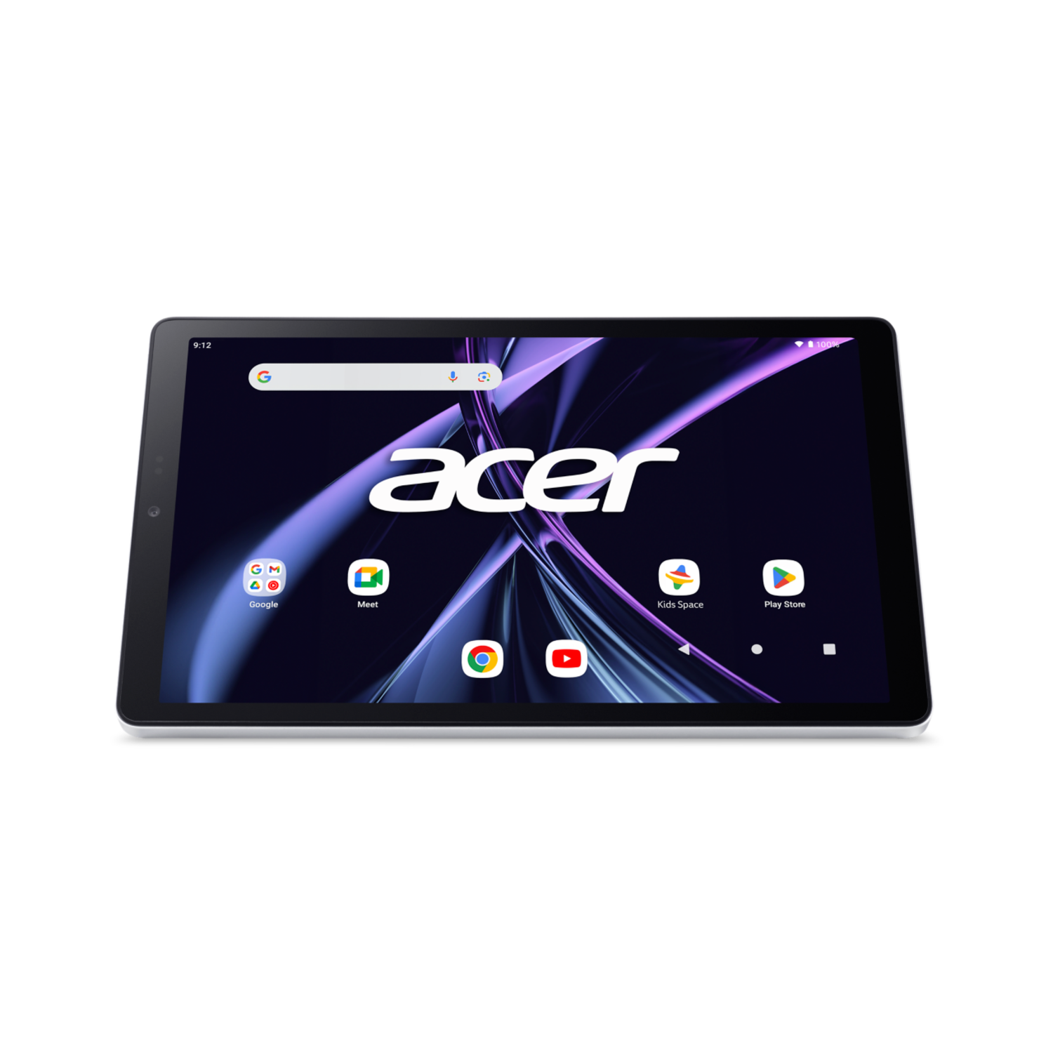 Zwarte tablet met een witte rand met het Acer-logo, op een zwarte achtergrond.