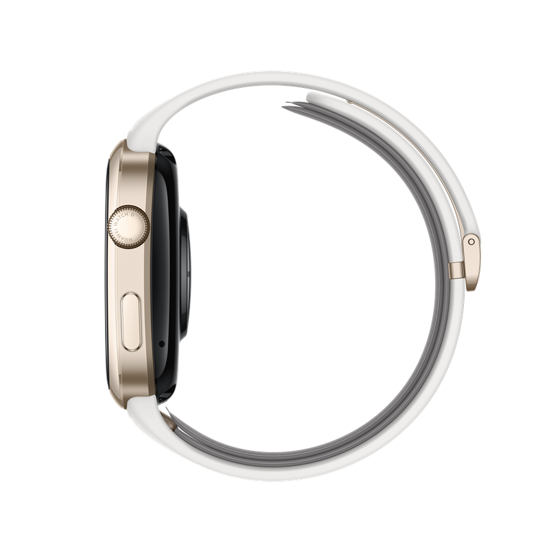 Egy arany Apple Watch Series. Az óra oldalán van, a kijelzőjét és a fehér szíját mutatva.