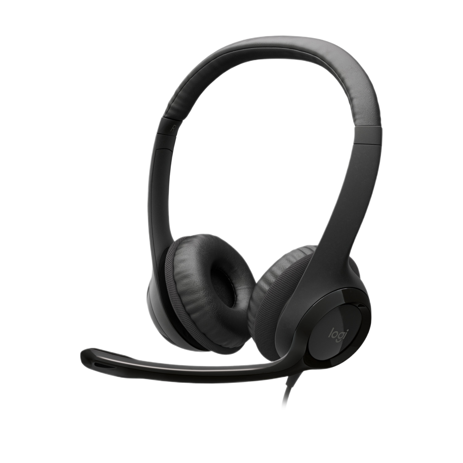 Zwarte Logi-hoofdtelefoon met een microfoonarm, naar links gericht. De oorschelpen zijn cirkelvormig.