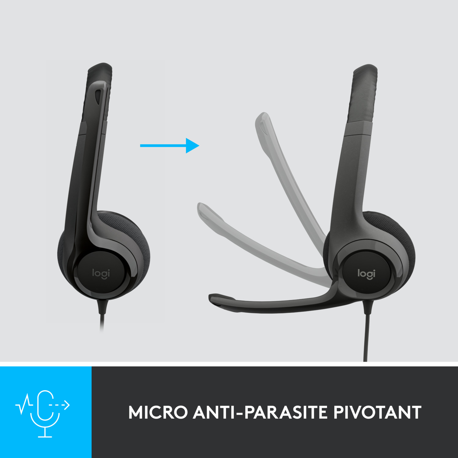 Un casque noir et gris. Il dispose d'un microphone et peut pivoter. Le fond est bleu clair.