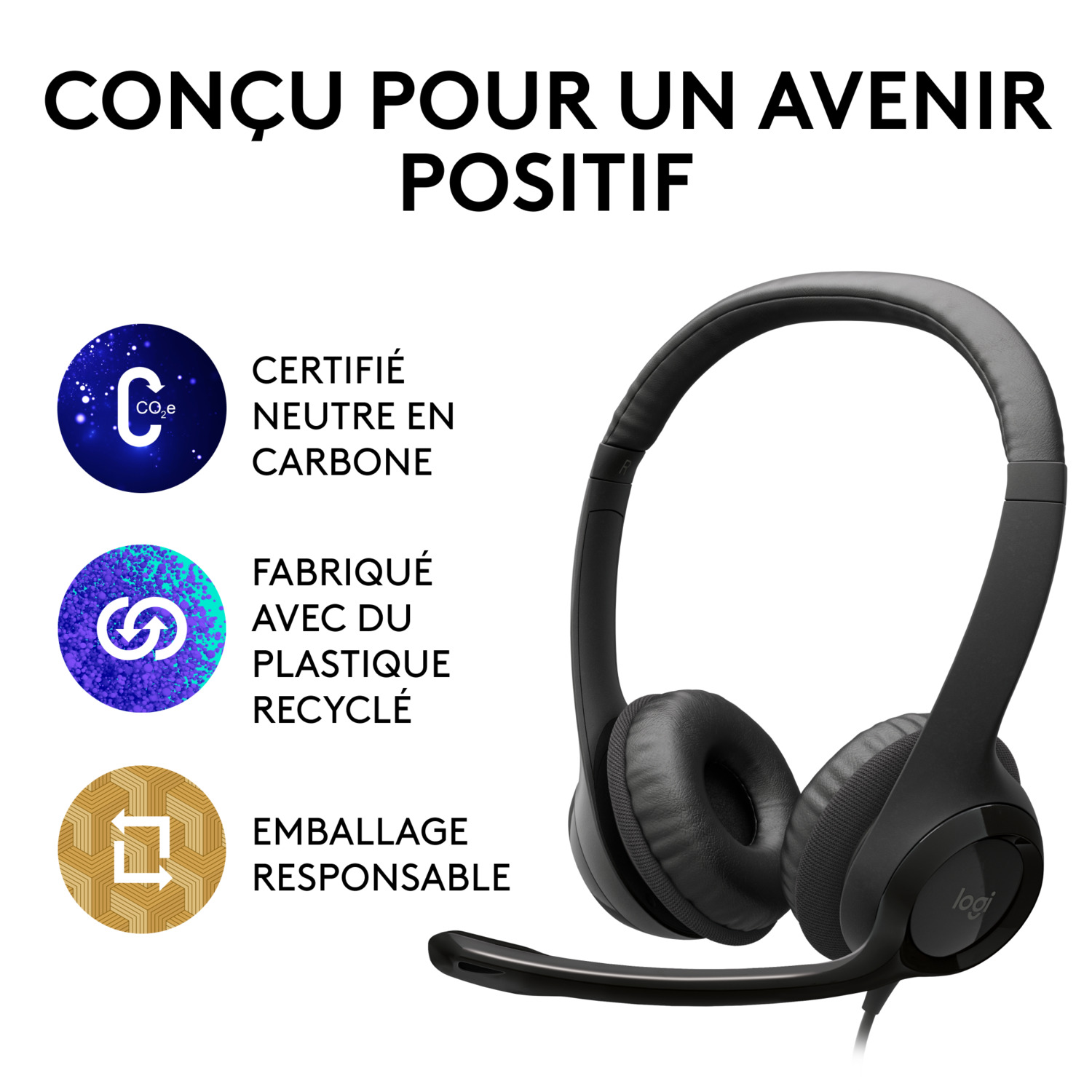 Un casque noir avec du texte sur la neutralité carbone, le plastique recyclé et l'emballage responsable.