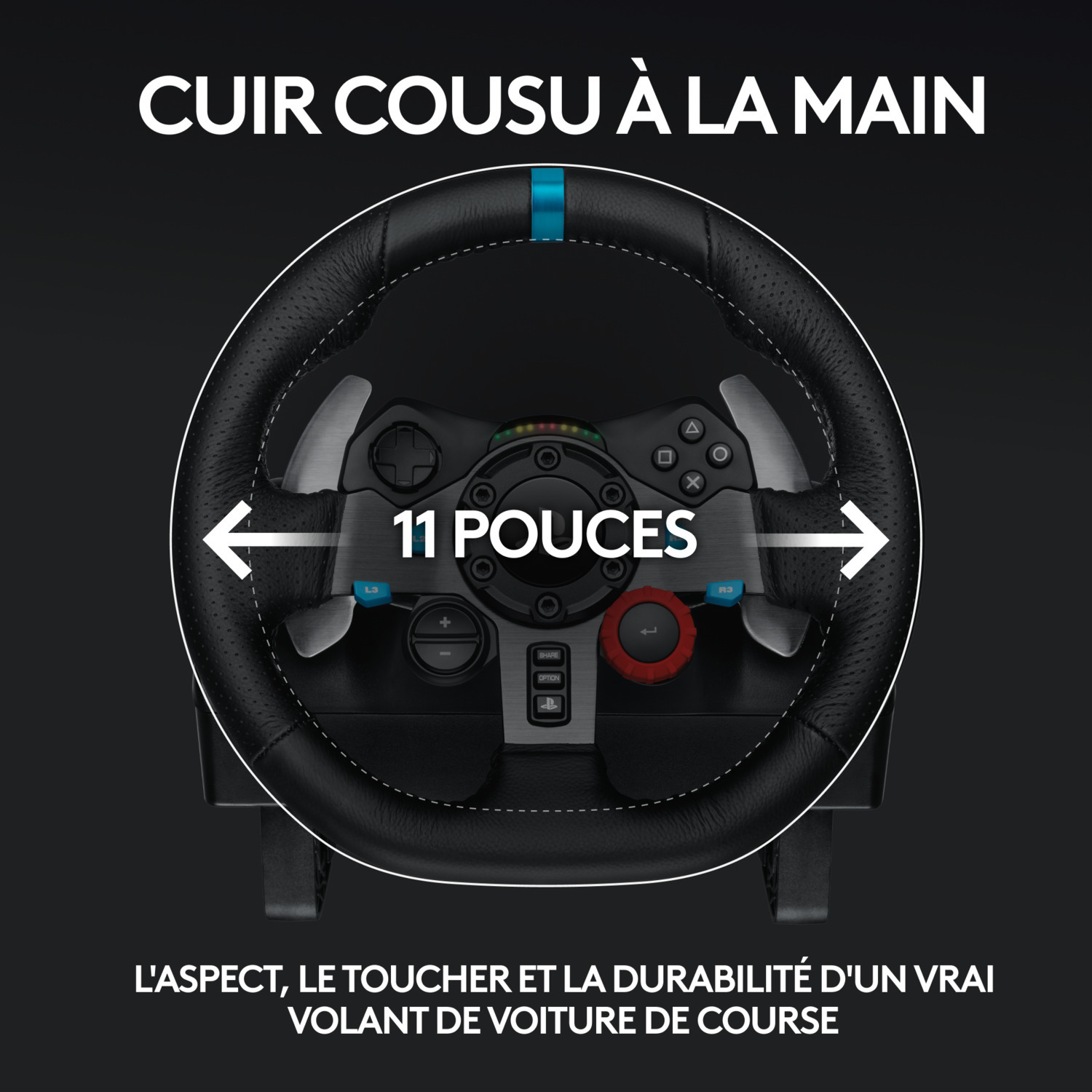 Volant avec cuir cousu en noir. Le texte dit « CUIR COUSU À LA MAIN ». 11 pouces.