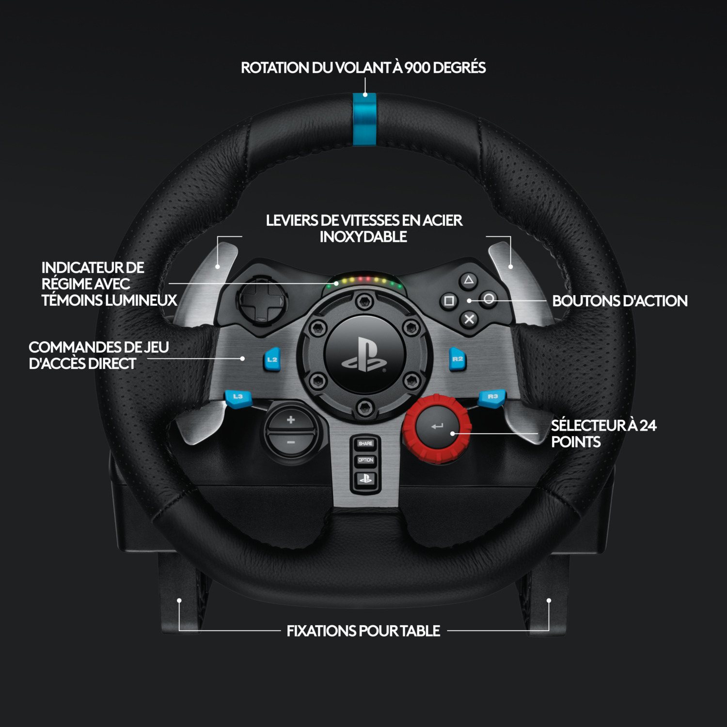 Un volant noir avec des boutons, des palettes de changement de vitesse et un sélecteur à 24 points sur une surface sombre.