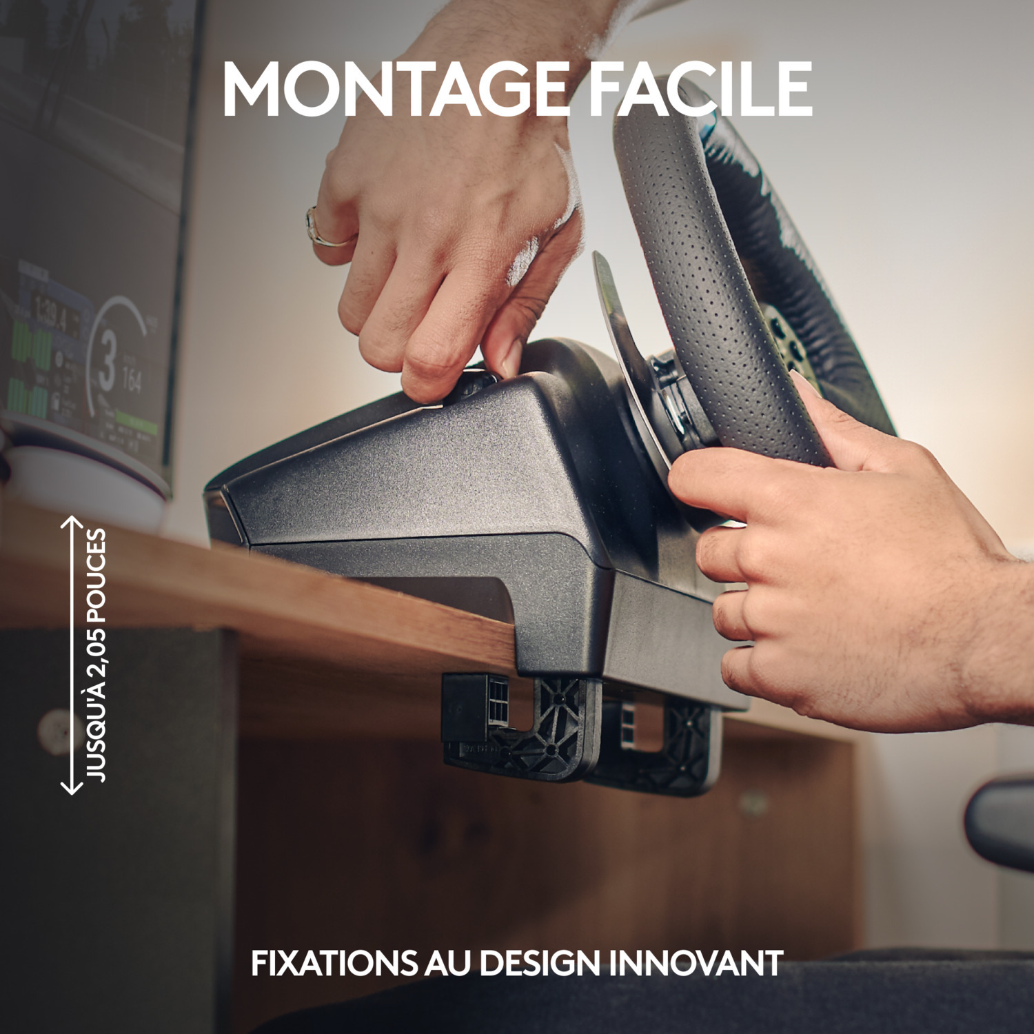 Une personne fixant un volant à une table avec des fixations au design innovant.