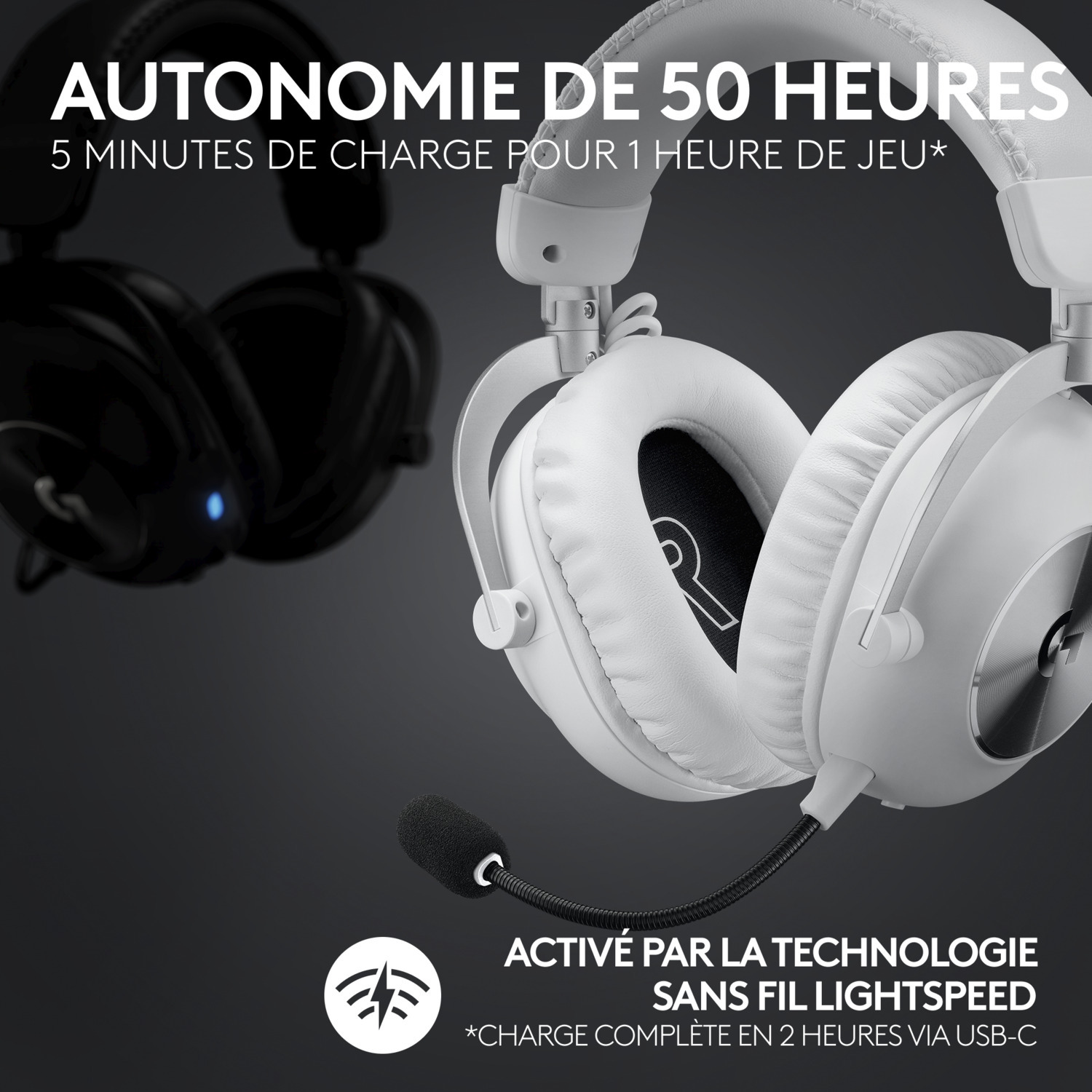 Casque blanc avec microphone noir. Le texte met en évidence 50 heures d'autonomie. Le fond est sombre.