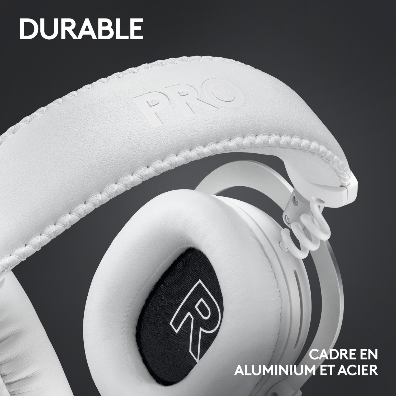 Un casque blanc avec le mot 'PRO' sur le bandeau.