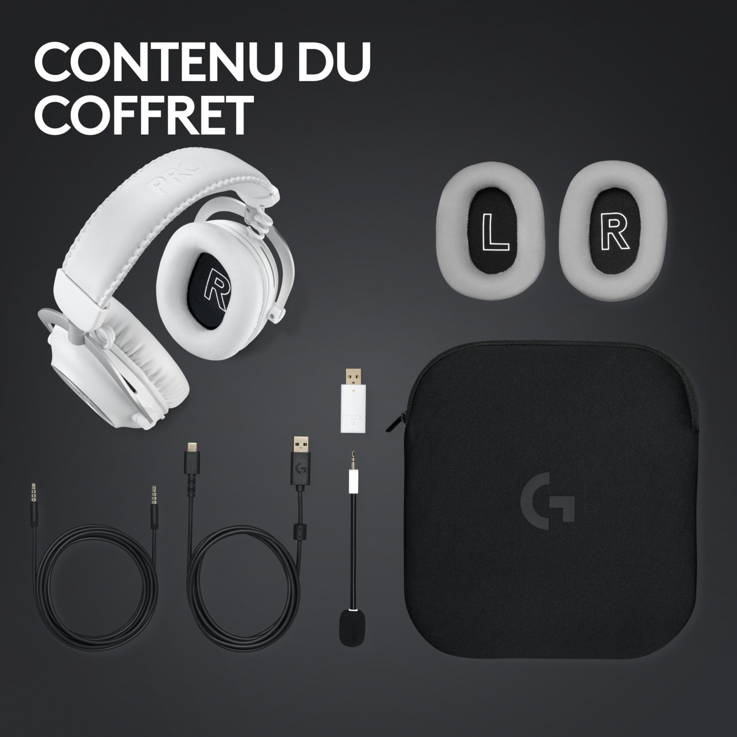 Casque blanc, écouteurs et accessoires dans un étui noir. Les accessoires sont des câbles et un microphone.