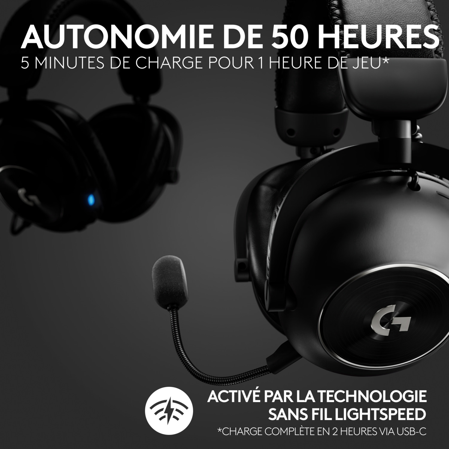 Casque de jeu noir avec microphone et texte sur 50 heures d'autonomie.