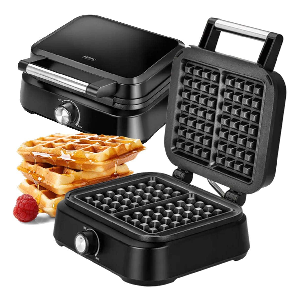 Czarne gofrownice, jedna otwarta z goframi w środku, druga zamknięta, plus stos gofrów.