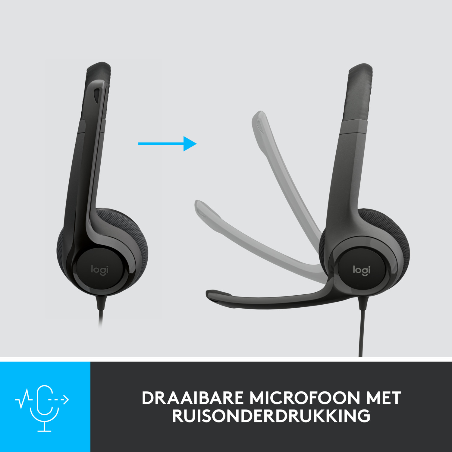 Black headset with a rotating microphone. Blue arrow indicates movement.