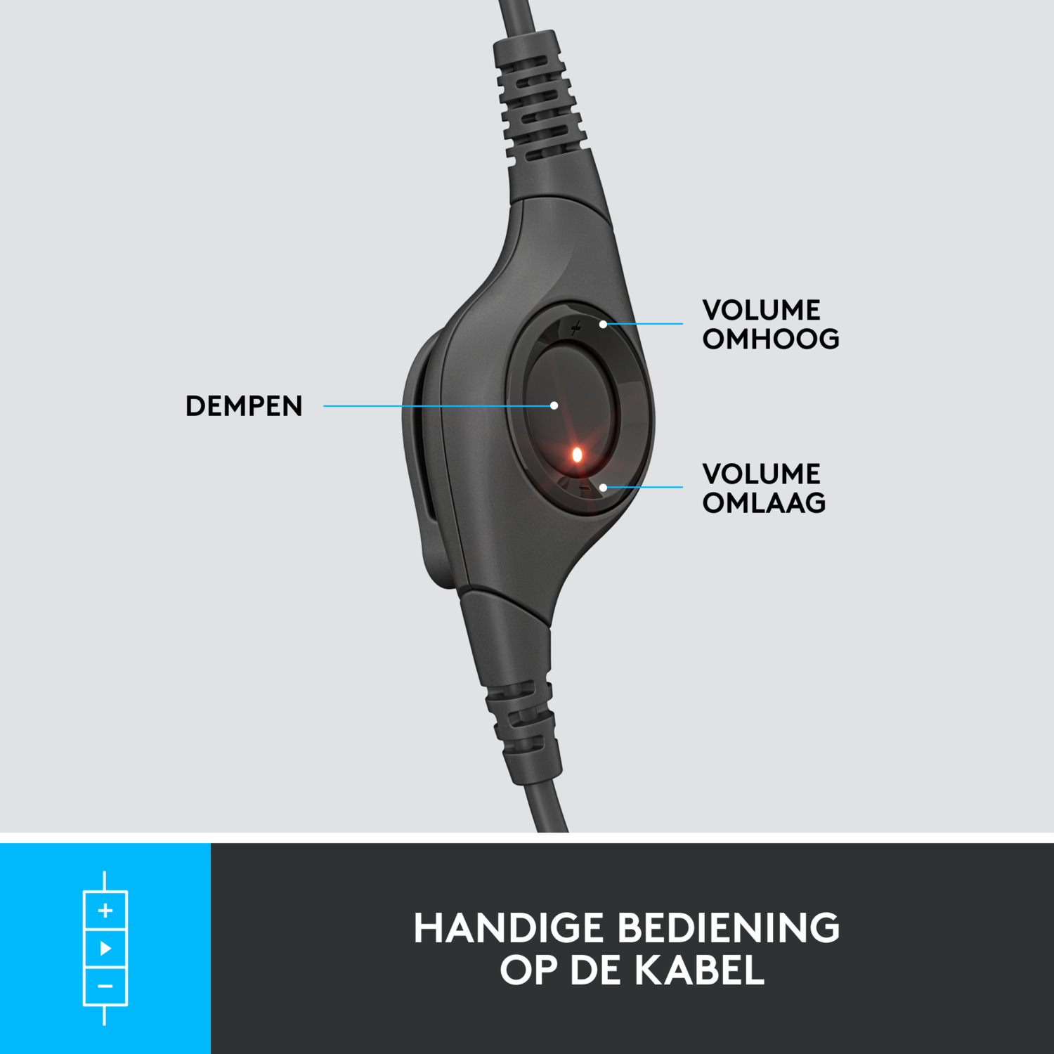 Close-up of a black in-line volume control for headphones. It has volume up/down controls and a mute button.