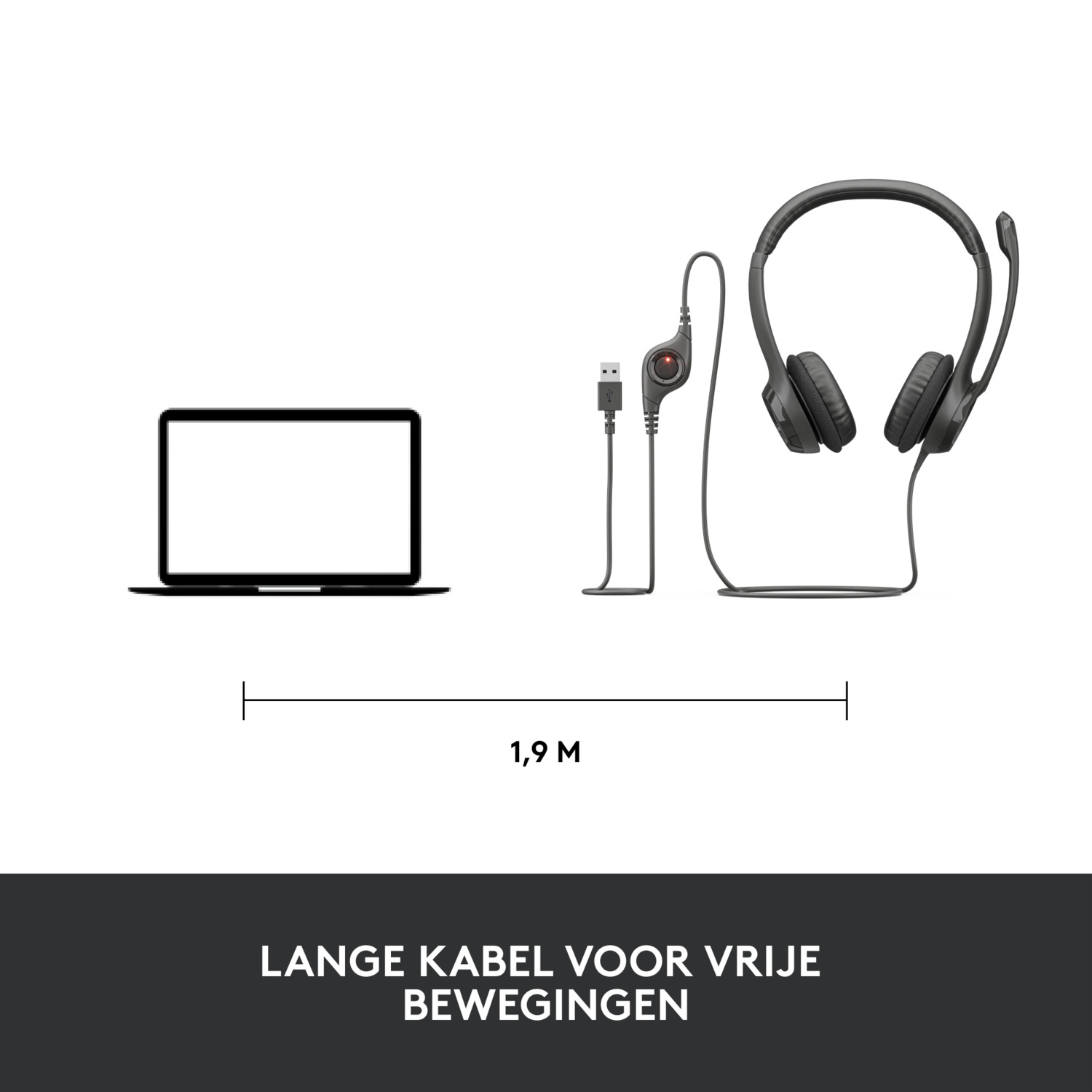 Laptop, USB cable and headset, with a measurement of 1.9M below them.