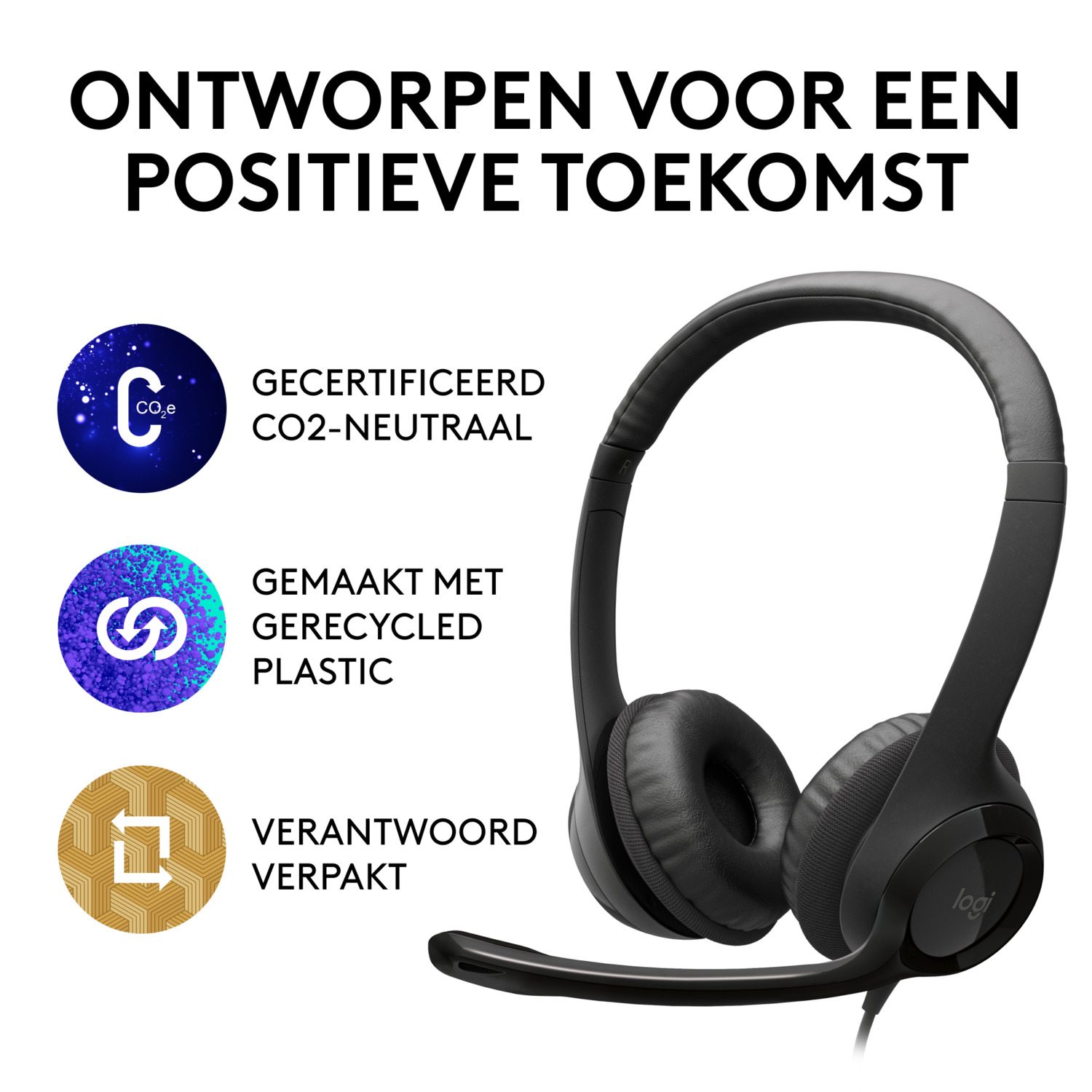 Black Logitech headset with a boom mic, featuring eco-friendly details.