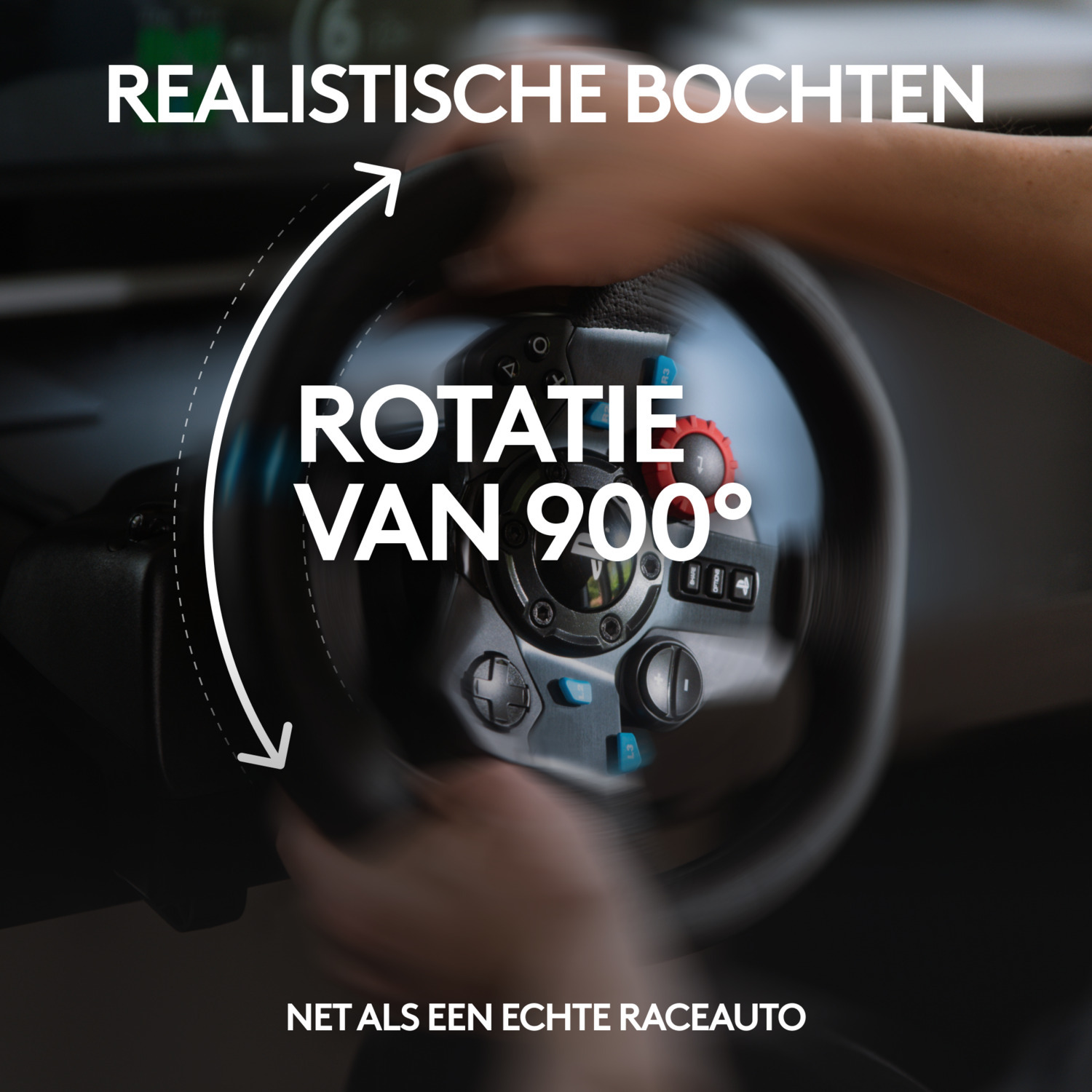 Steering wheel with arrows showing a 900-degree rotation. Text says 'Realistic turns' and 'Like a real race car'.
