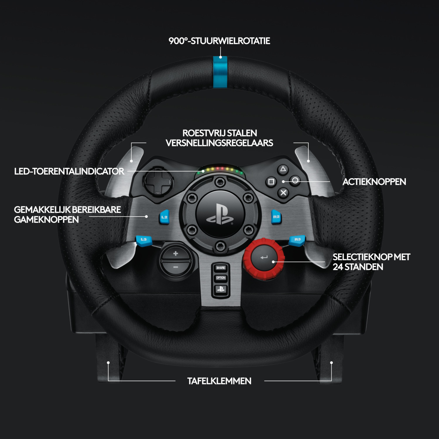 A black steering wheel with labeled buttons and a blue stripe, on a black background, with Dutch text.