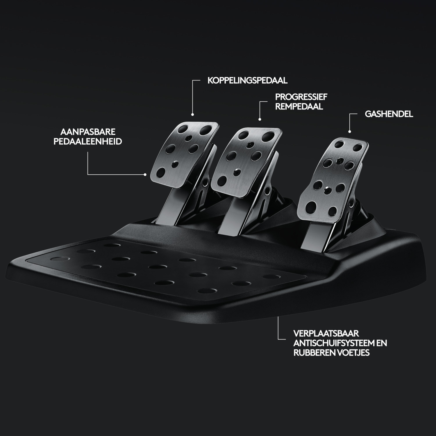 Racing simulator pedals with three metal pedals on a black base, labeled in Dutch.