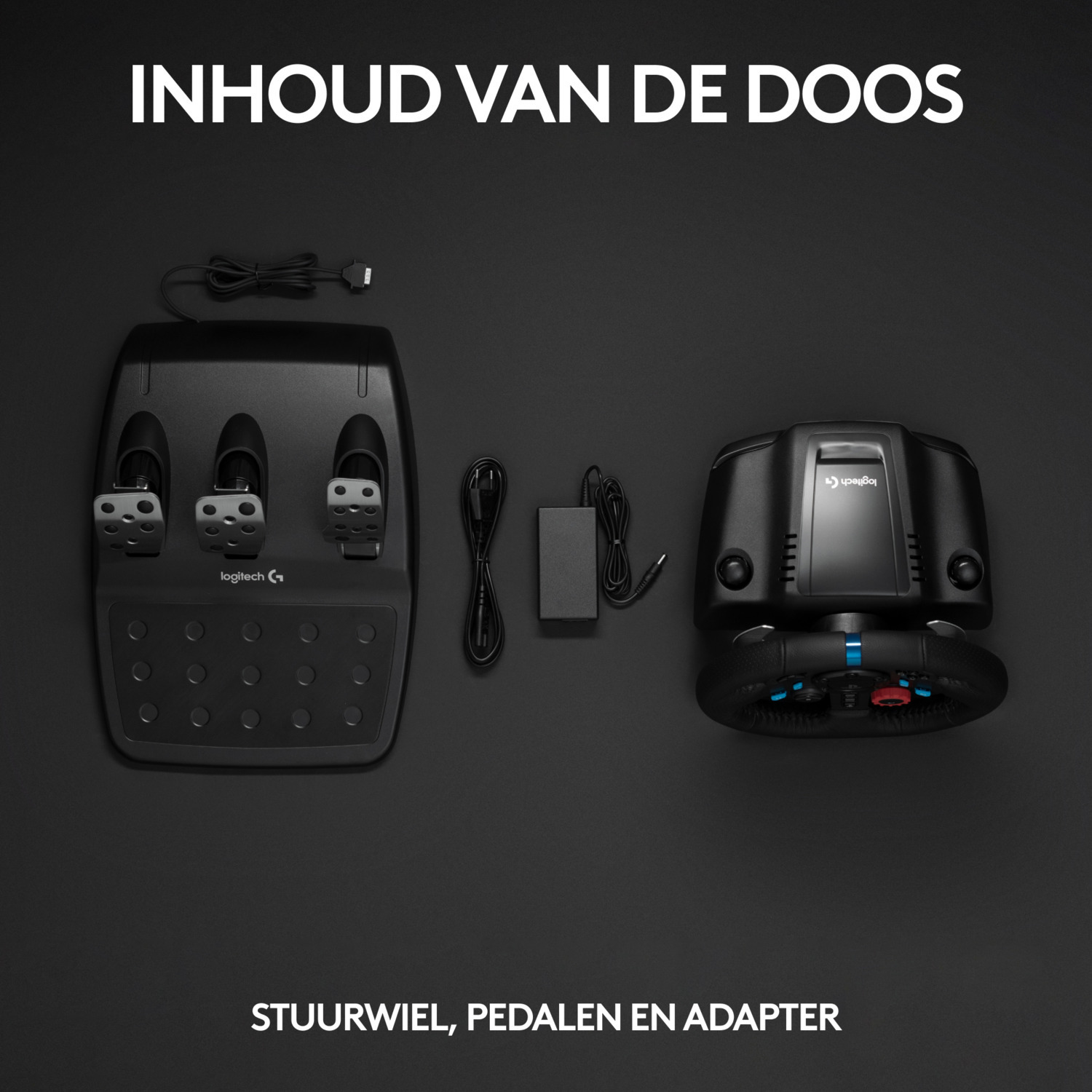 Gaming wheel, pedals, and adapter on a black surface. Text says 'Contents of the box'.