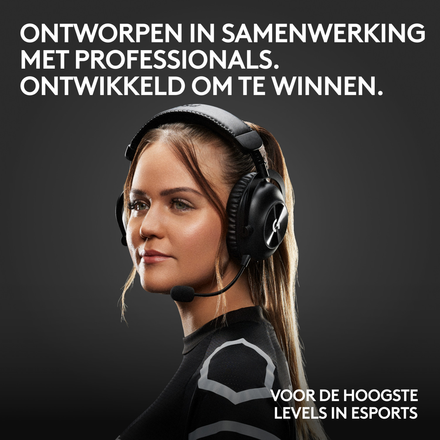 A woman with headphones, a microphone, and text: Designed in collaboration with professionals. Developed to win.