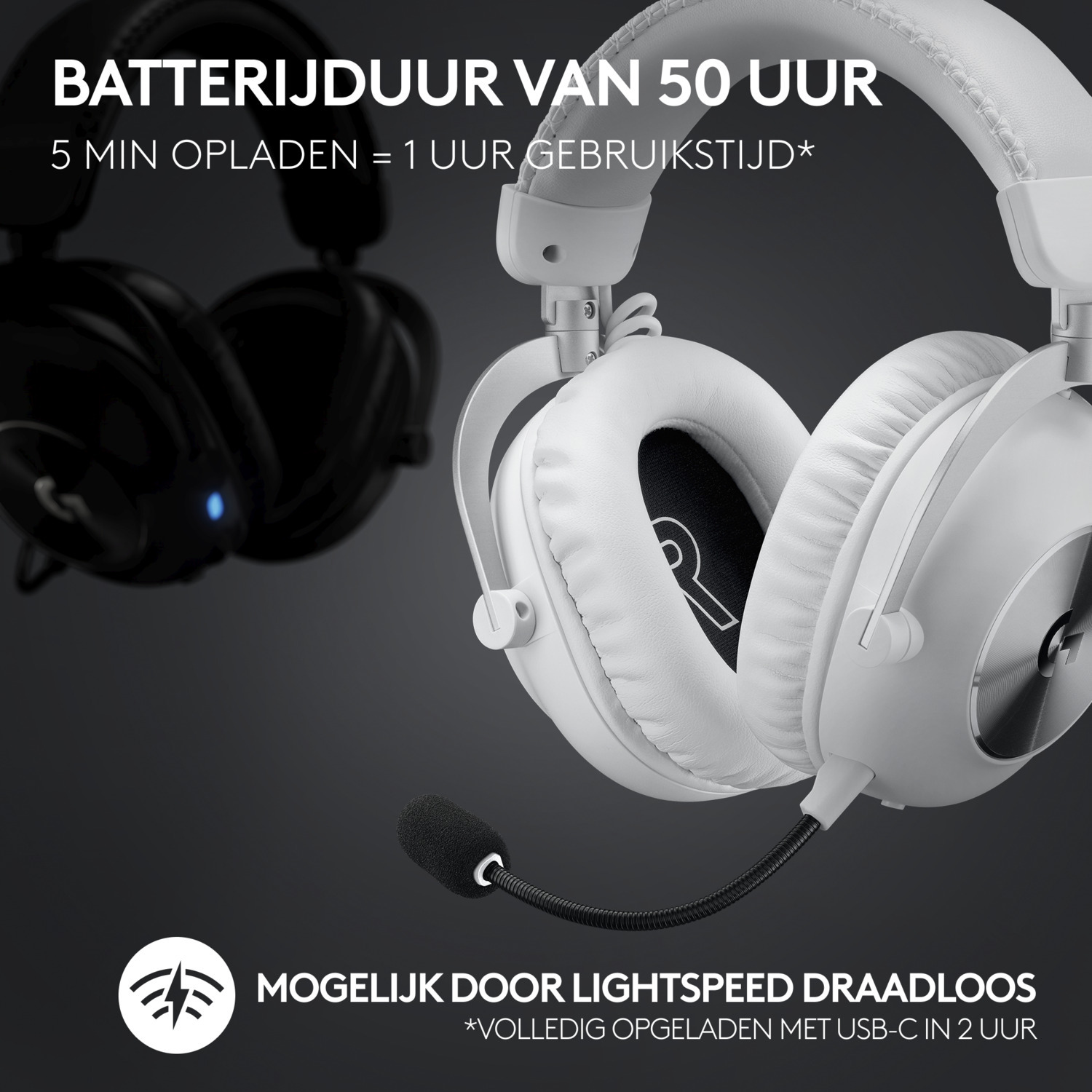 A white wireless headset with a microphone. Another headset is in the background.