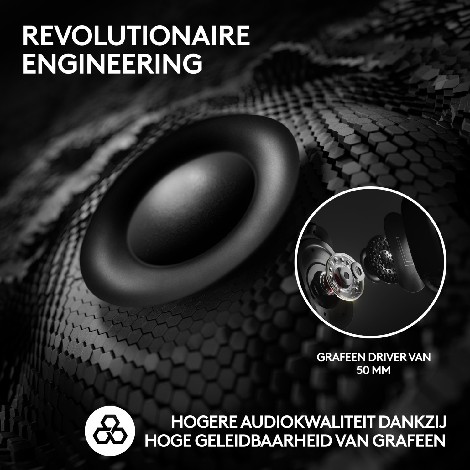 An image depicting a speaker driver, with text about audio quality and a logo.