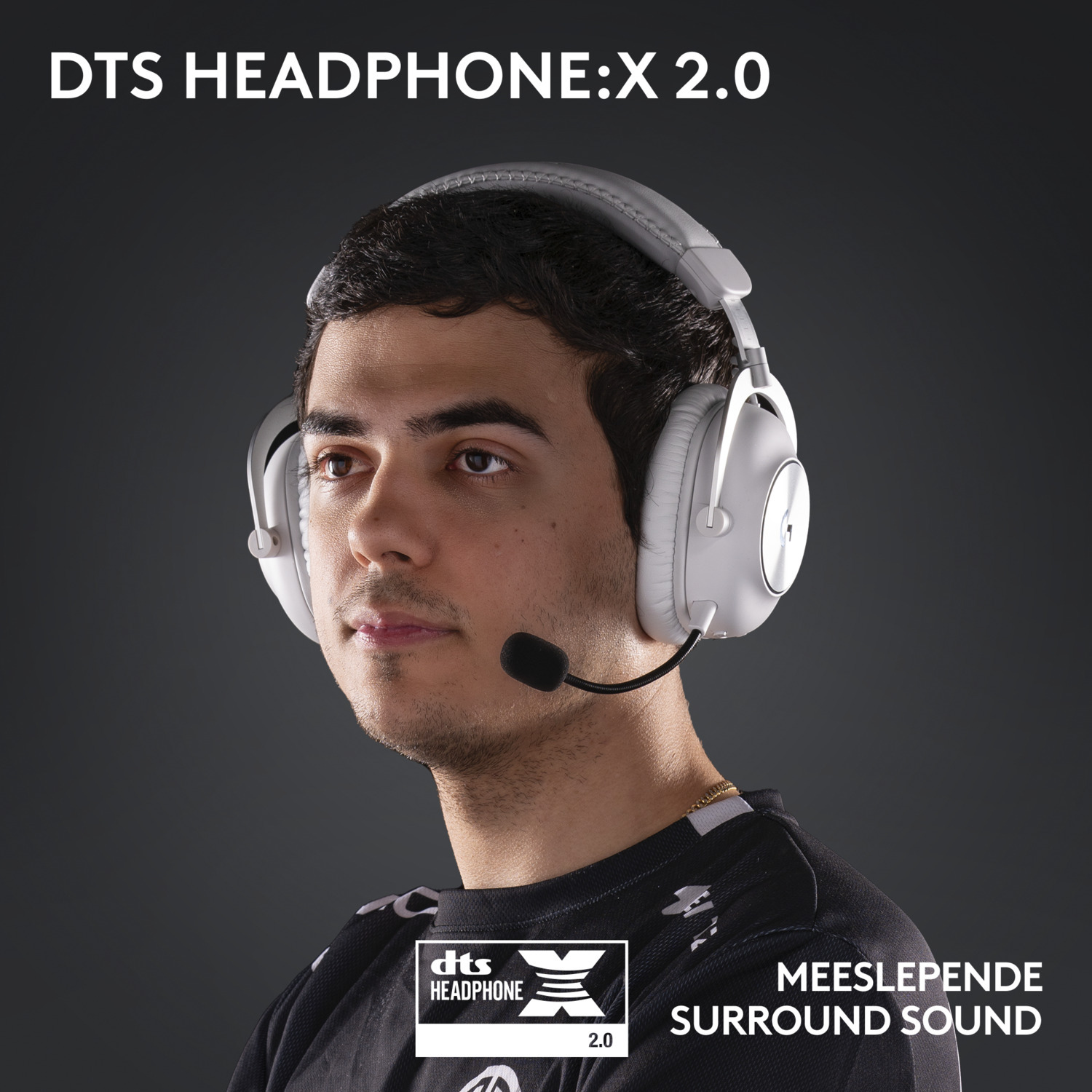 Man wearing white headphones with a microphone. Text on top says 'DTS HEADPHONE:X 2.0'.