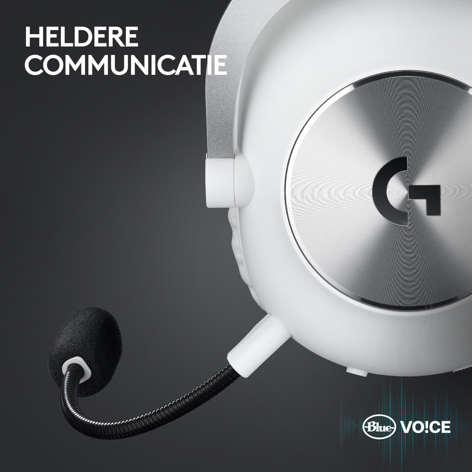 White headset with a microphone extended and the 'Blue VO!CE' logo.