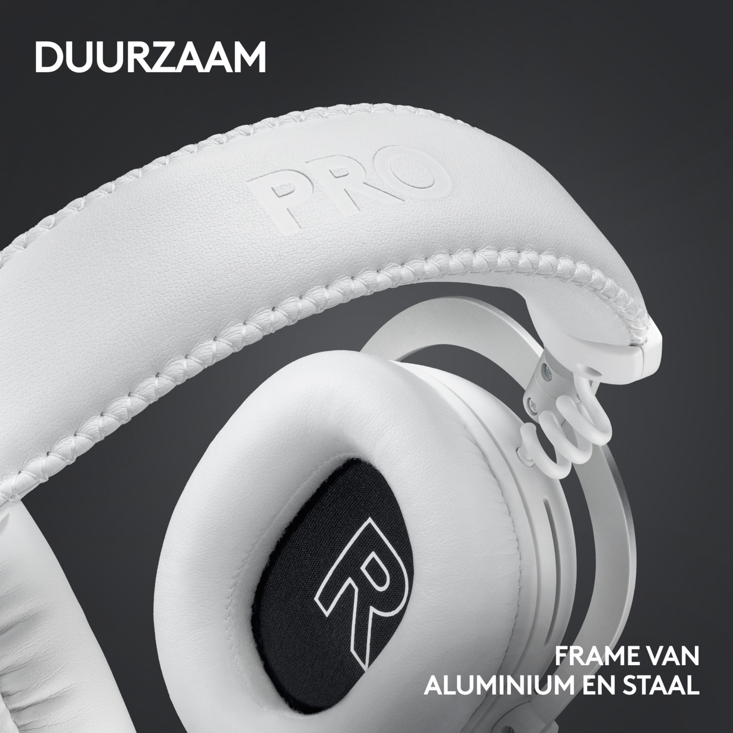 White headphones, close-up view, with the word 'PRO' and text about aluminum frame. Black backdrop.