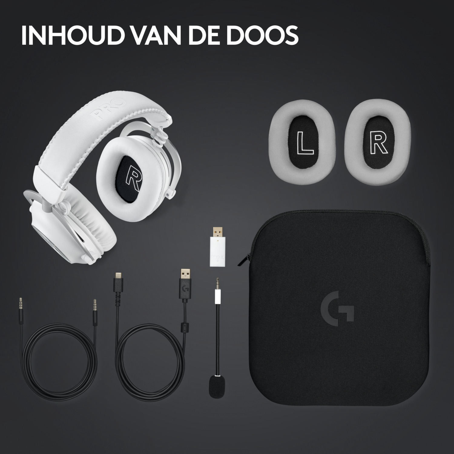 Contents of a white gaming headset box, with various accessories.