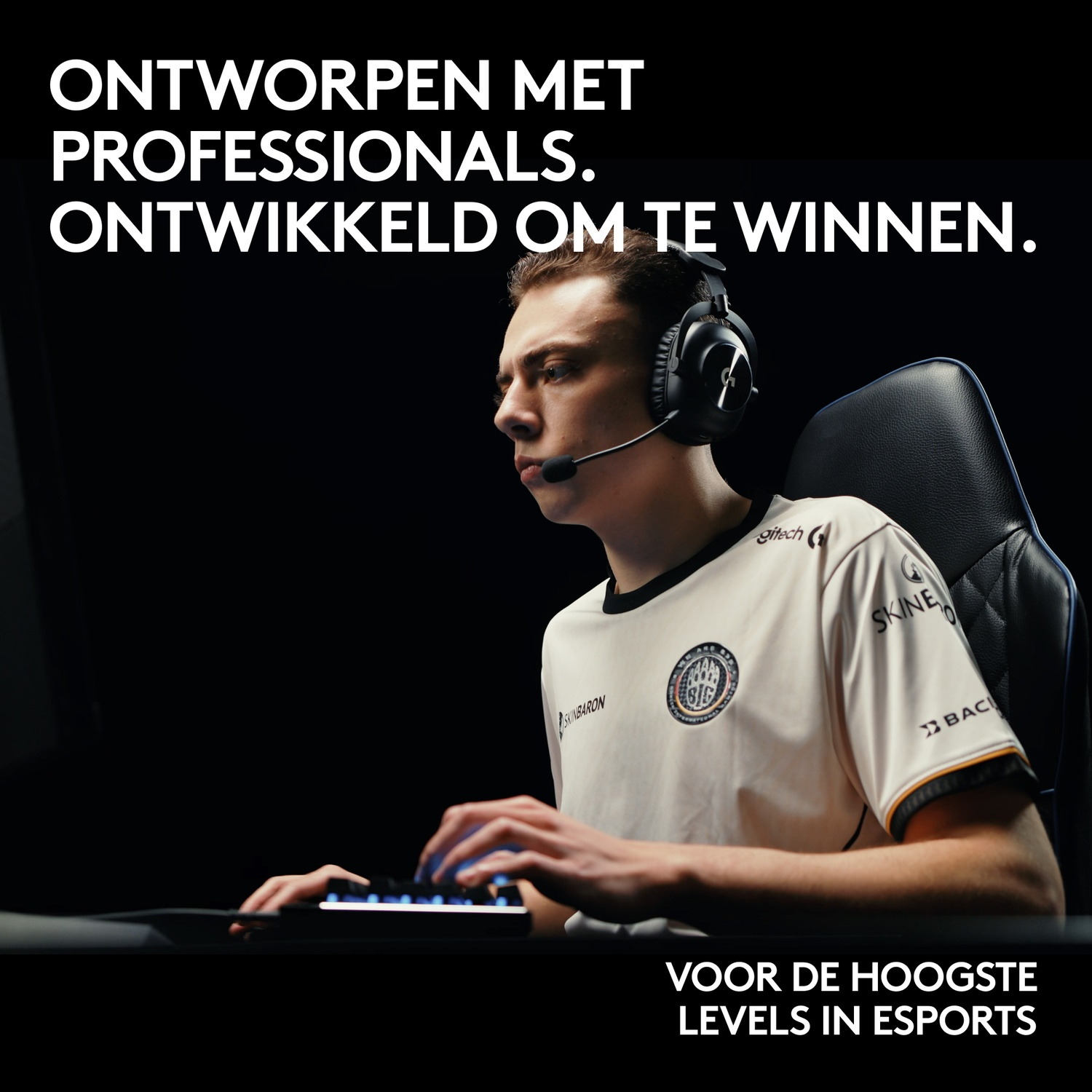 A man wearing a headset plays at a PC with a glowing keyboard. Text: For the highest esports levels.