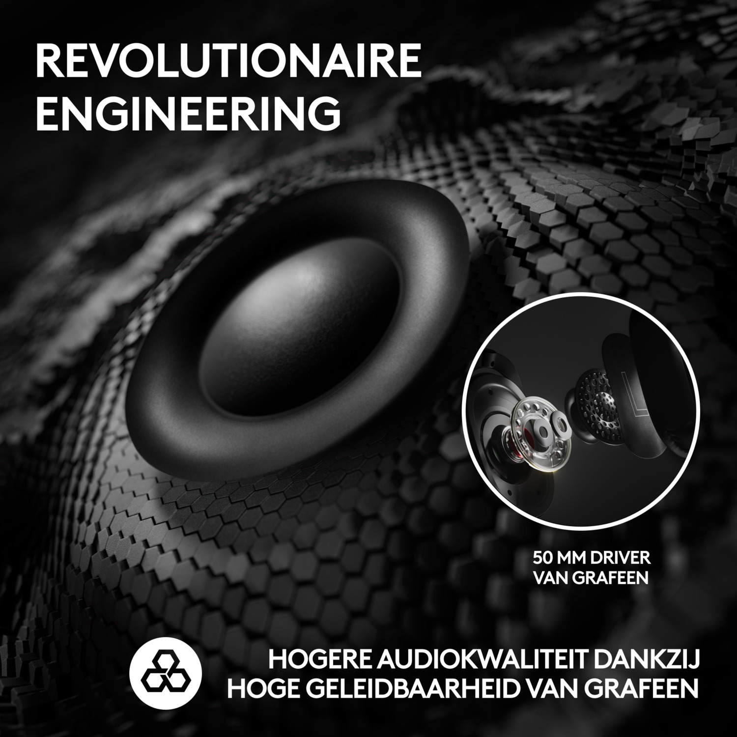Black speaker component with a black ring. Detailed view. Text in Dutch.
