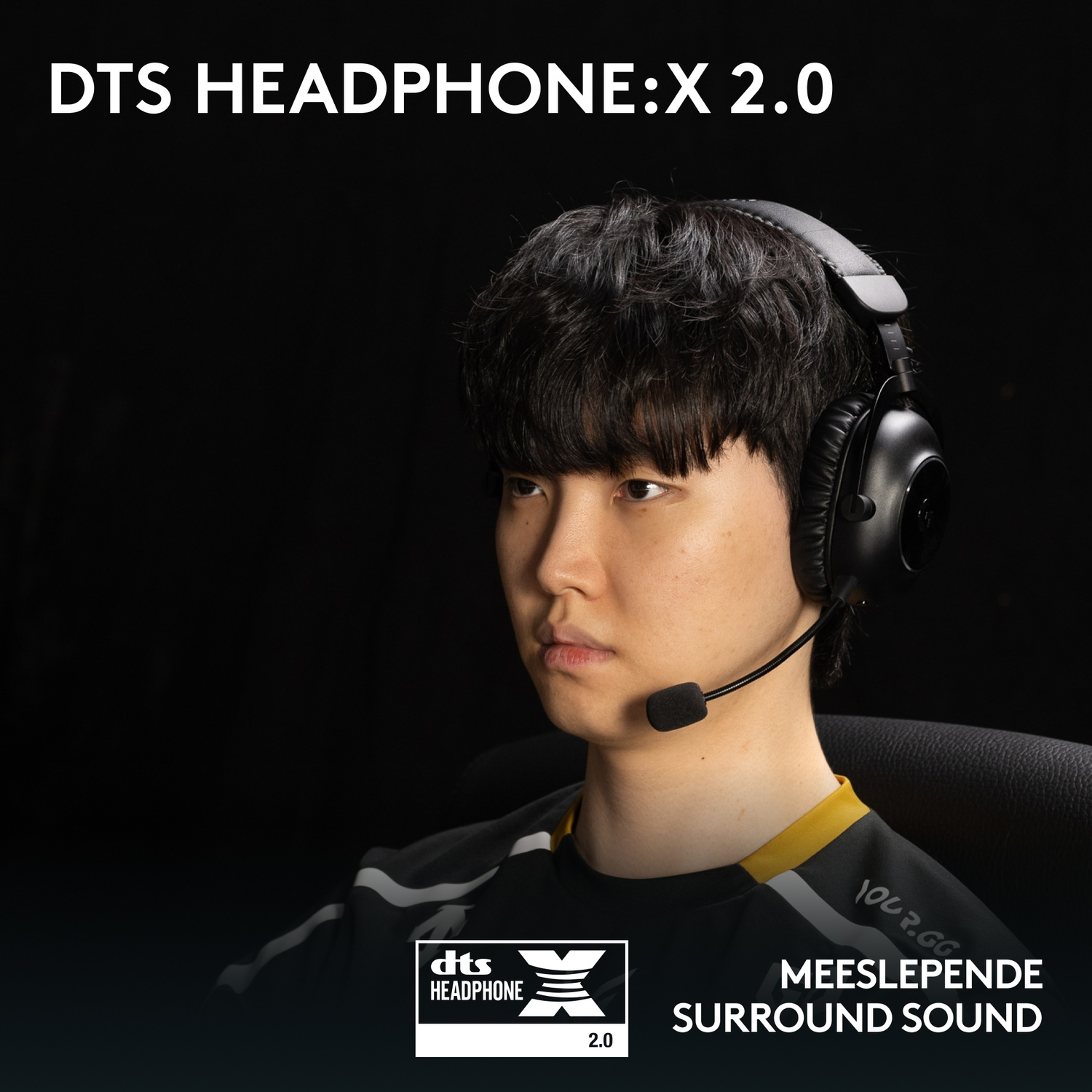 A man wearing headphones and a microphone, dressed in a black shirt with yellow accents.