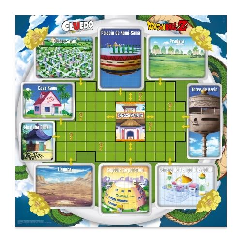 Juego de mesa Cluedo Dragon Ball Z, mapa colorido con ubicaciones, personajes y signos de interrogación.
