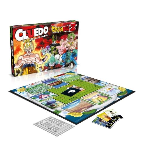 Juego de mesa Cluedo Dragon Ball Z con fichas, cartas y una caja.