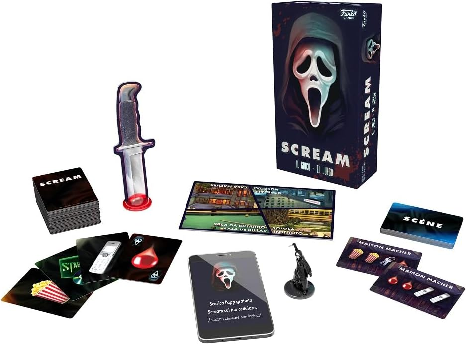 Juego de mesa Scream: máscara de fantasma, cuchillo, cartas, teléfono, tablero y figura.