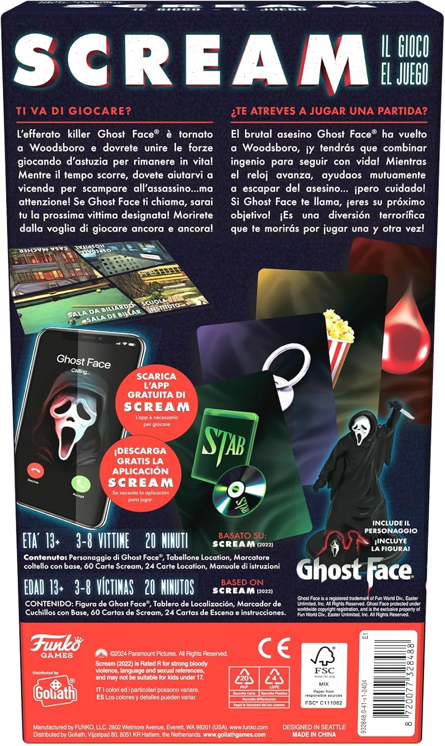 Parte trasera de la caja del juego de mesa Scream, con imágenes y texto.