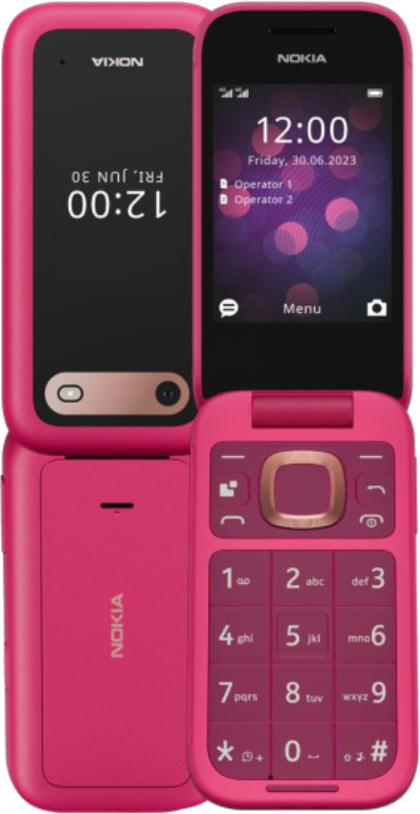 Różowy telefon Nokia z klapką, otwarty, pokazujący ekran. Ekran wyświetla godzinę i datę.