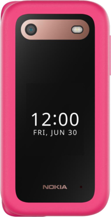 Różowy telefon Nokia z klapką wyświetlający godzinę i datę.
