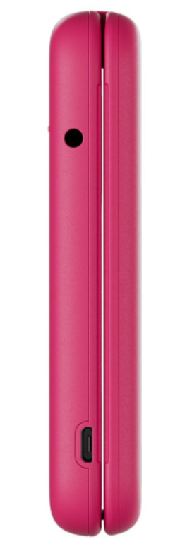 Różowy telefon z klapką, widok z boku, port ładowania.