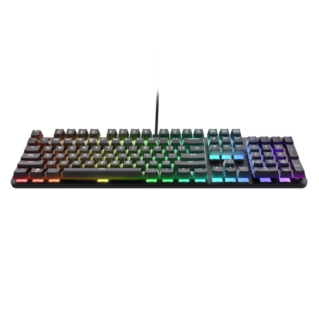 Teclado negro con teclas de colores arcoíris y cable, visto desde un ángulo sobre fondo negro.