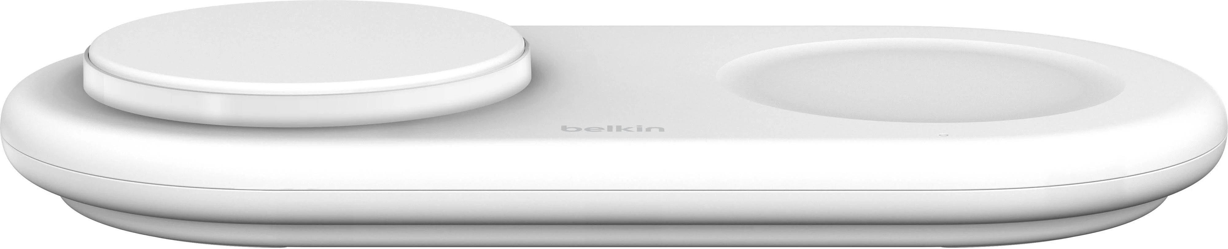 Un soporte de carga inalámbrico blanco para un teléfono y un Apple Watch.