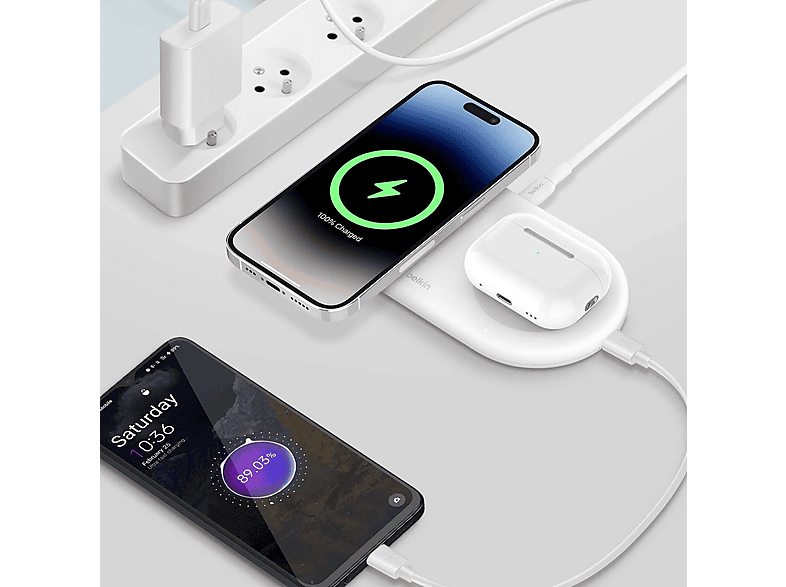 Cargador móvil inalámbrico - Belkin WIZ021vfWH, Apple iPhone, 15W, Puerto USB-C, Negro