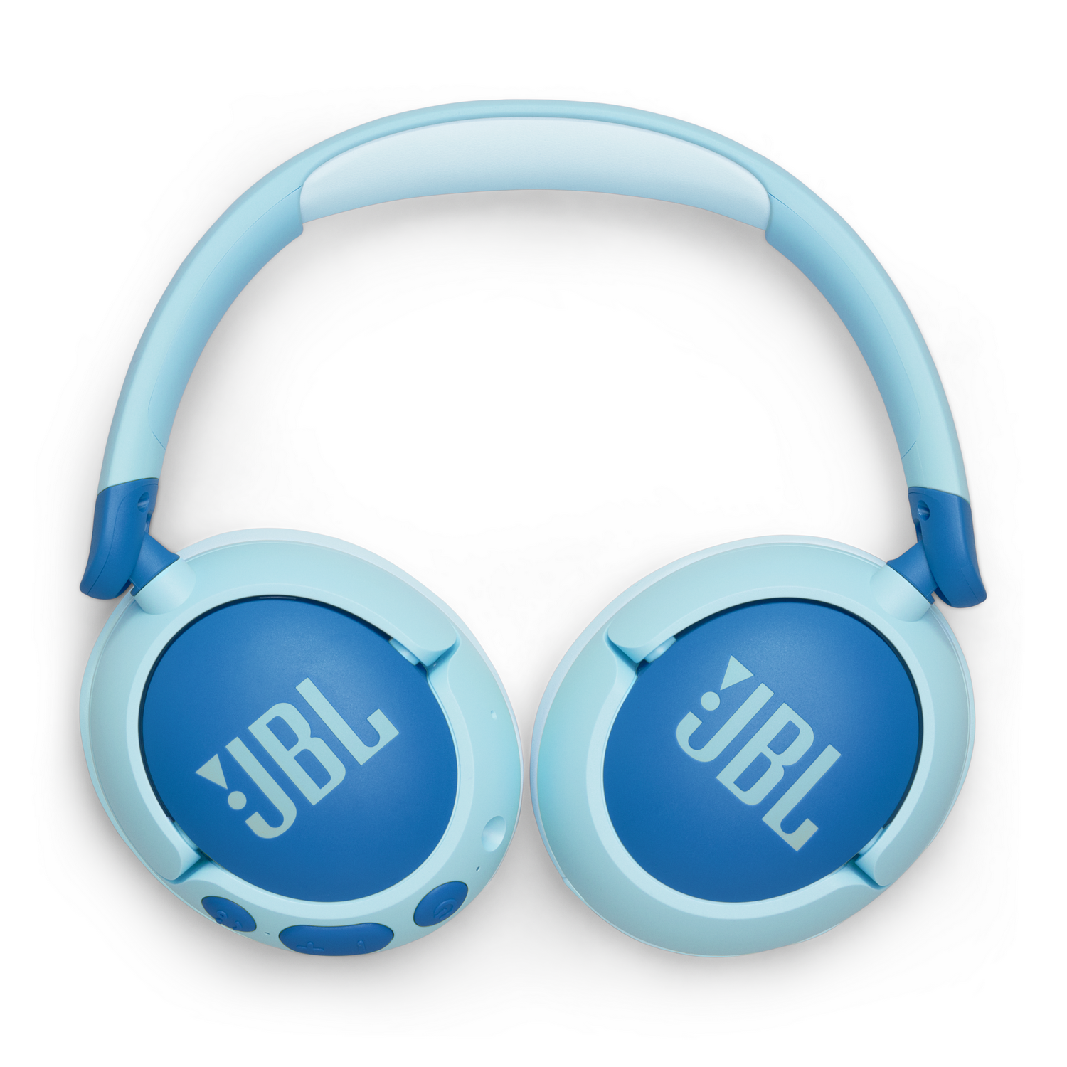 Auriculares JBL azules sobre fondo blanco, vista superior.