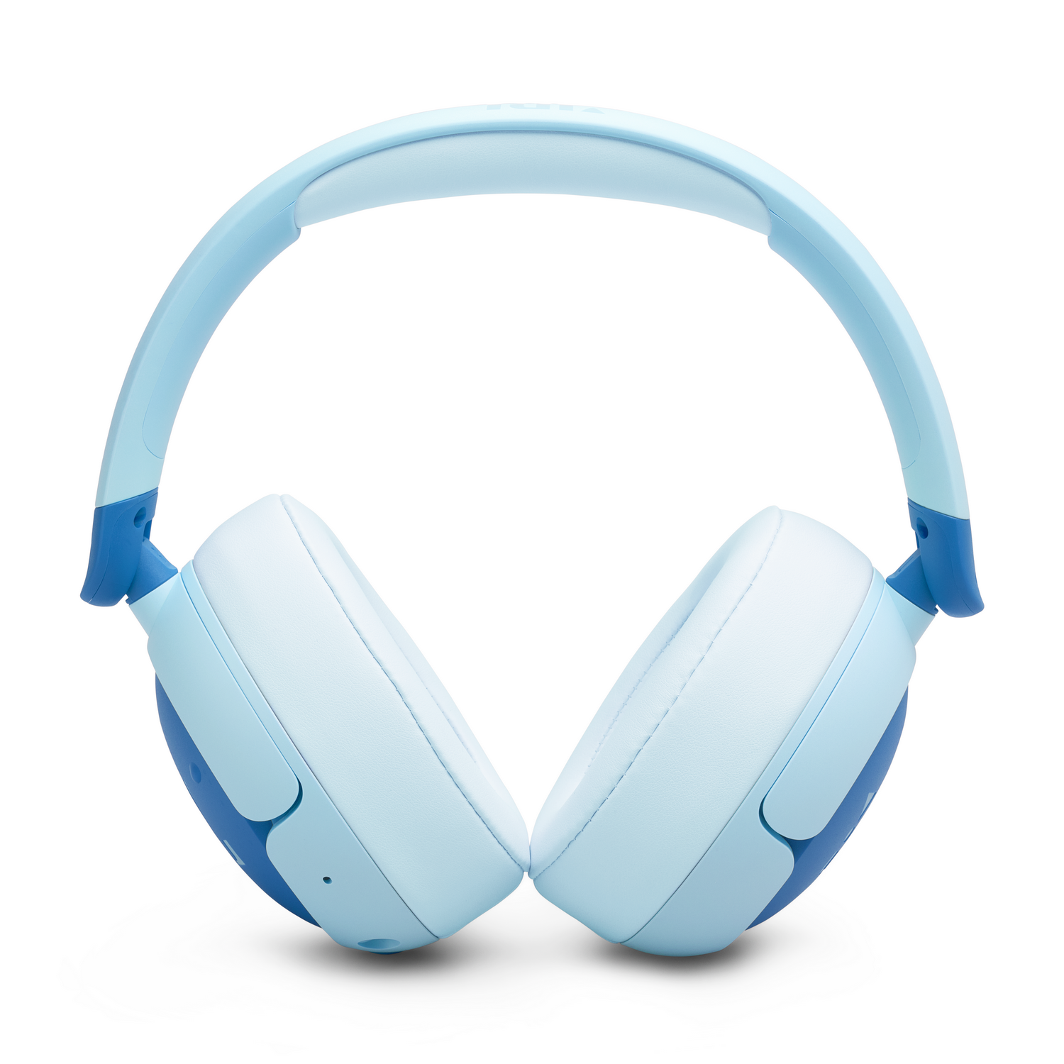 Auriculares azul claro, centrados. Las orejeras son azules y blancas.