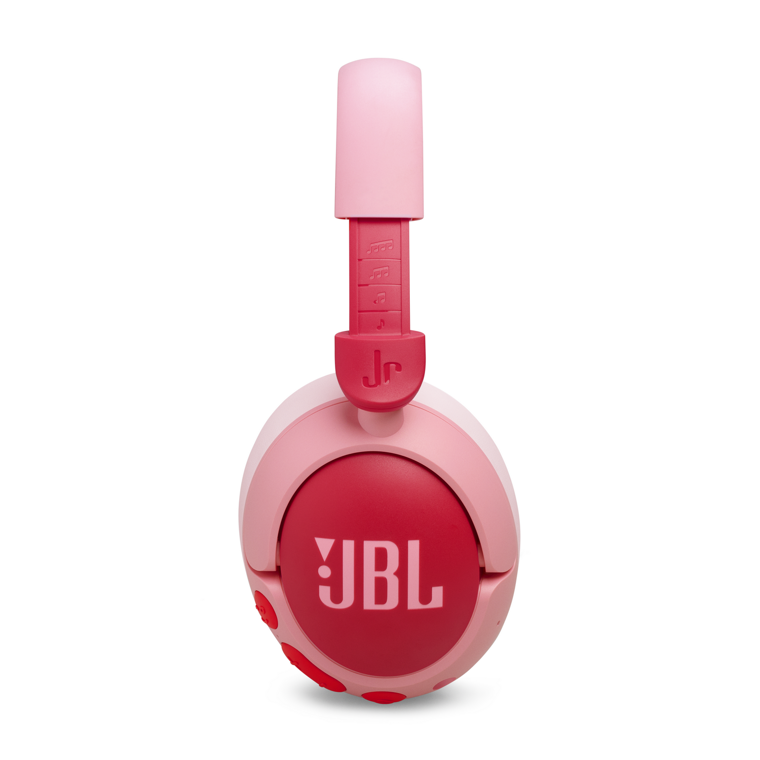 Auriculares JBL Jr. rosas y rojos, vista frontal, fondo blanco.