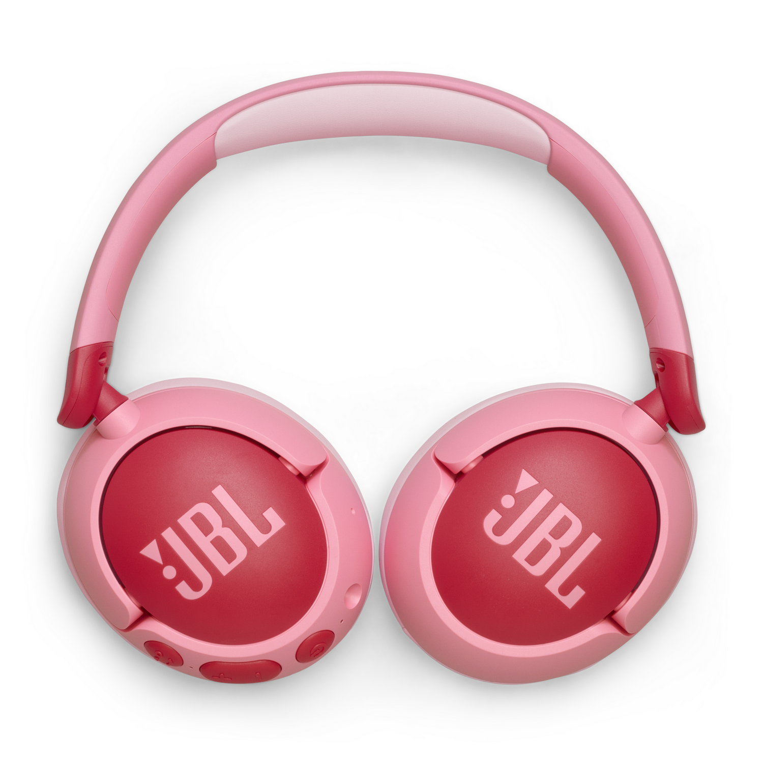 Auriculares JBL rosas con copas rojas, logo JBL blanco y diadema rosa. Fondo blanco.