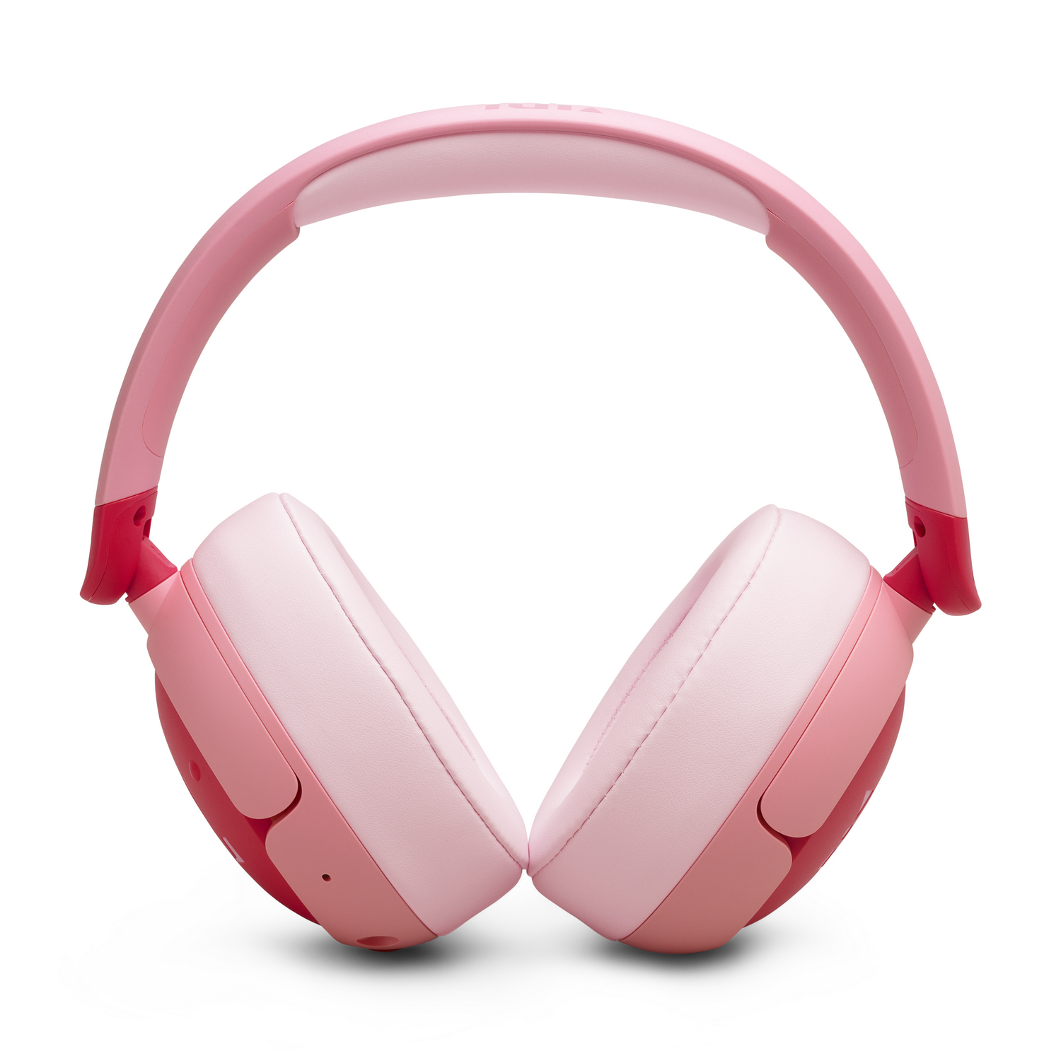 Auriculares rosas con diadema rosa sobre fondo blanco.