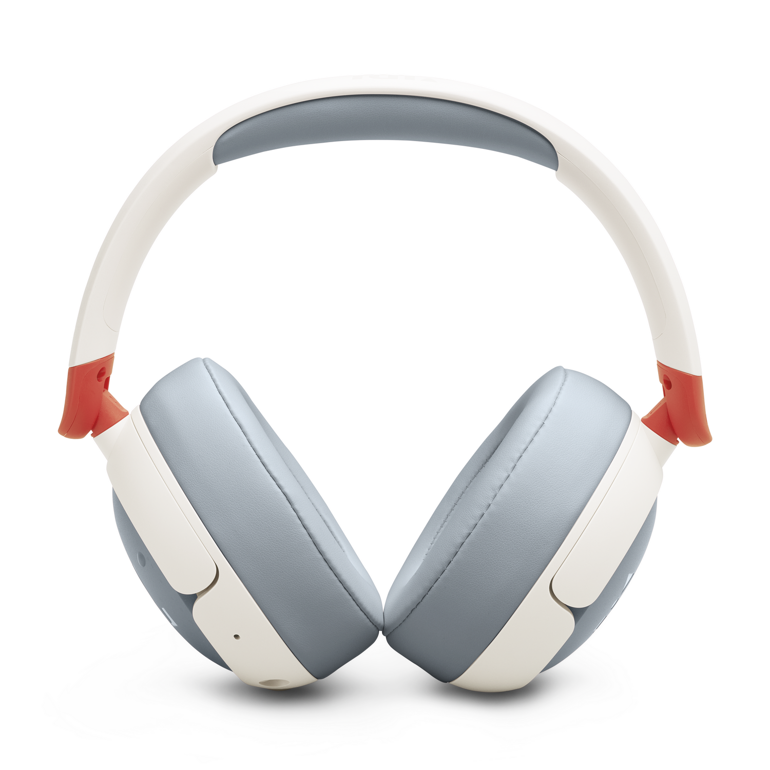 Auriculares con diadema blanca, auriculares grises y detalles rojos.