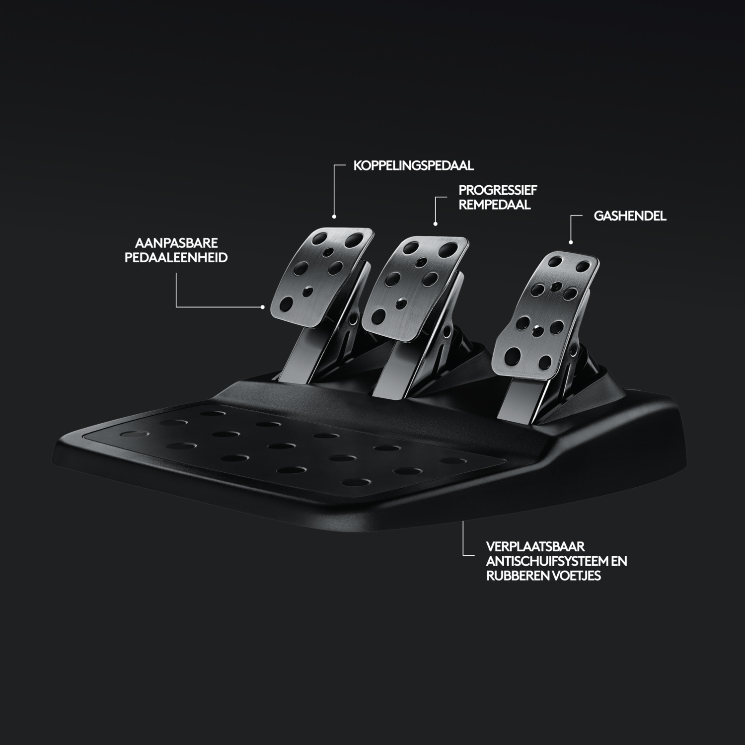 Gaming pedalen met Nederlandse labels op een donkere achtergrond.