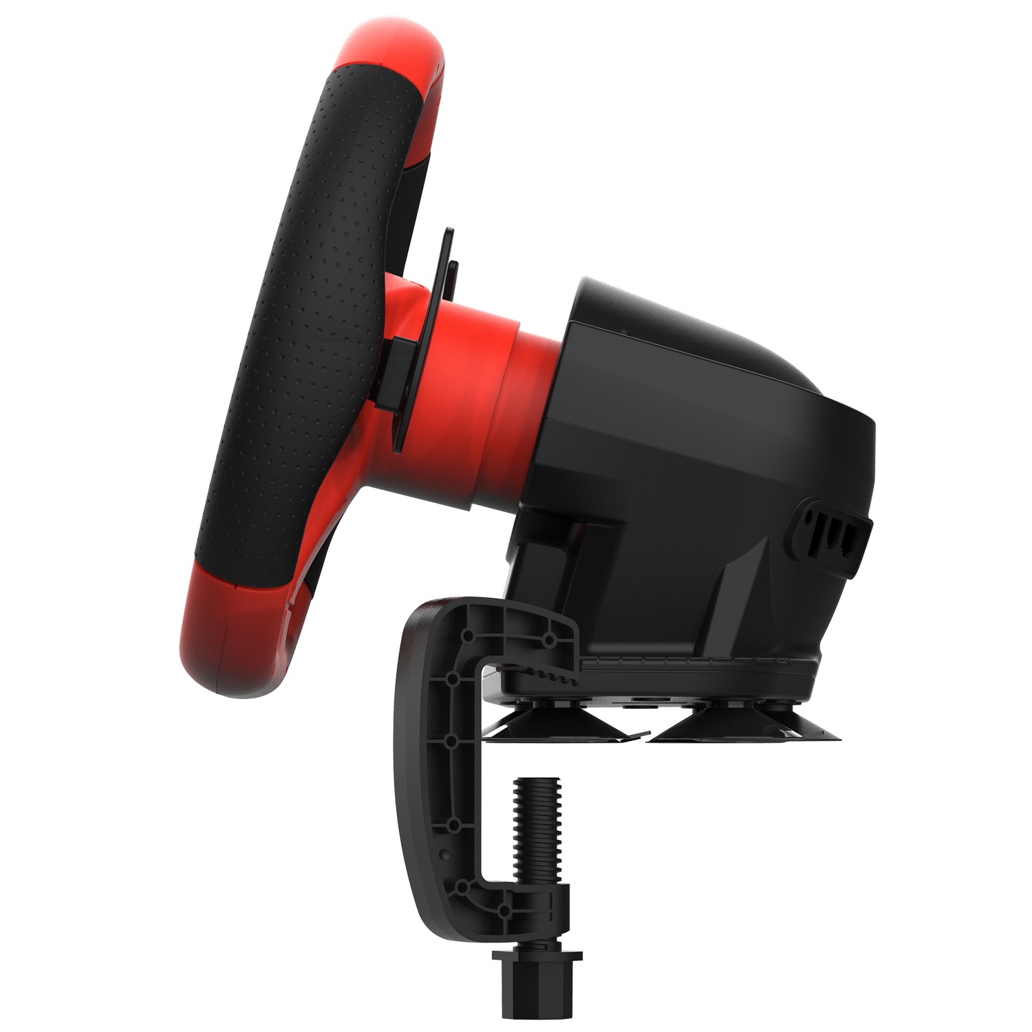 Volante de juego negro y rojo conectado a un soporte de escritorio.