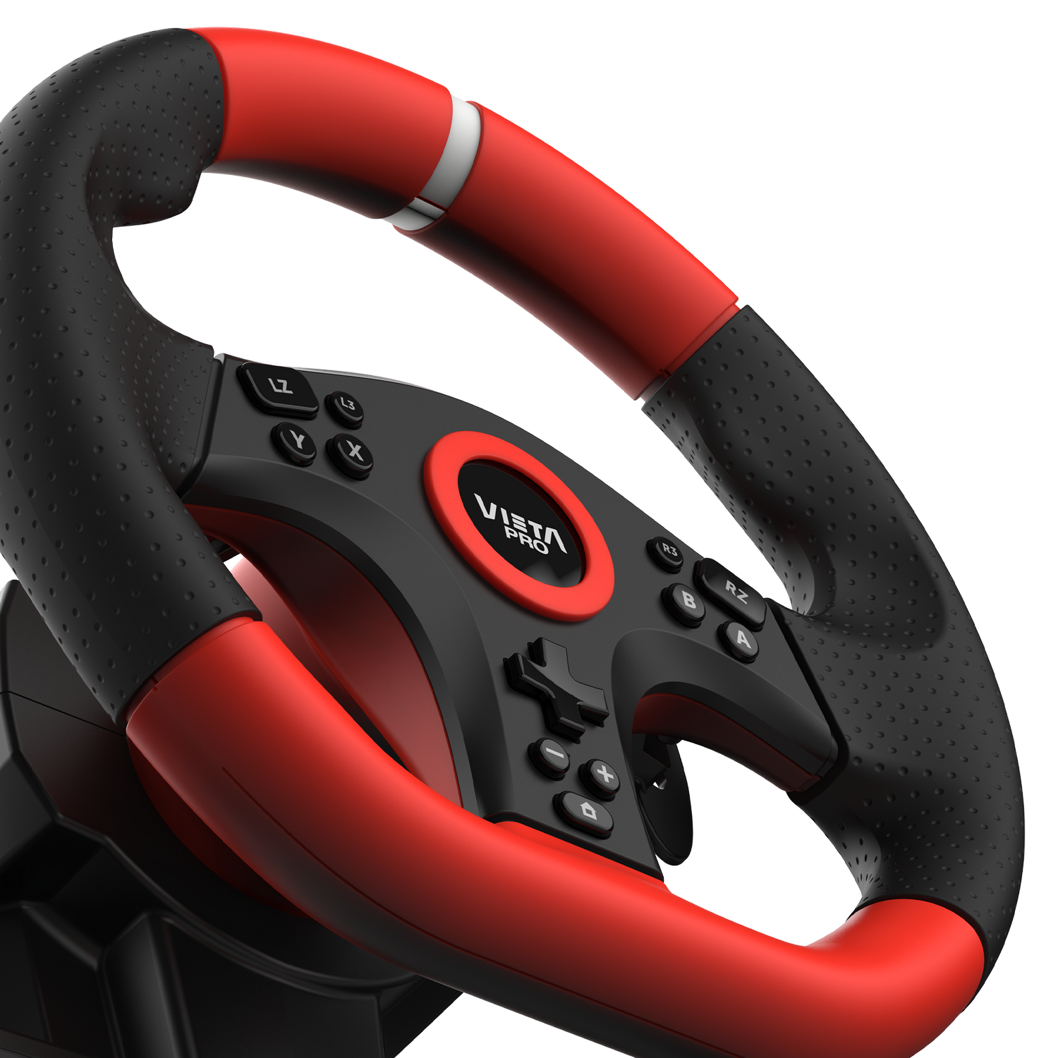 Un volante rojo y negro con botones, un accesorio para juegos.